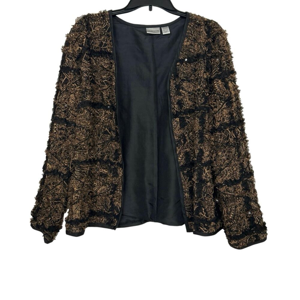 Chicos Silk Mesh Textured Fringe Jacket Boho Artsy Neutral Statement Sequin M
